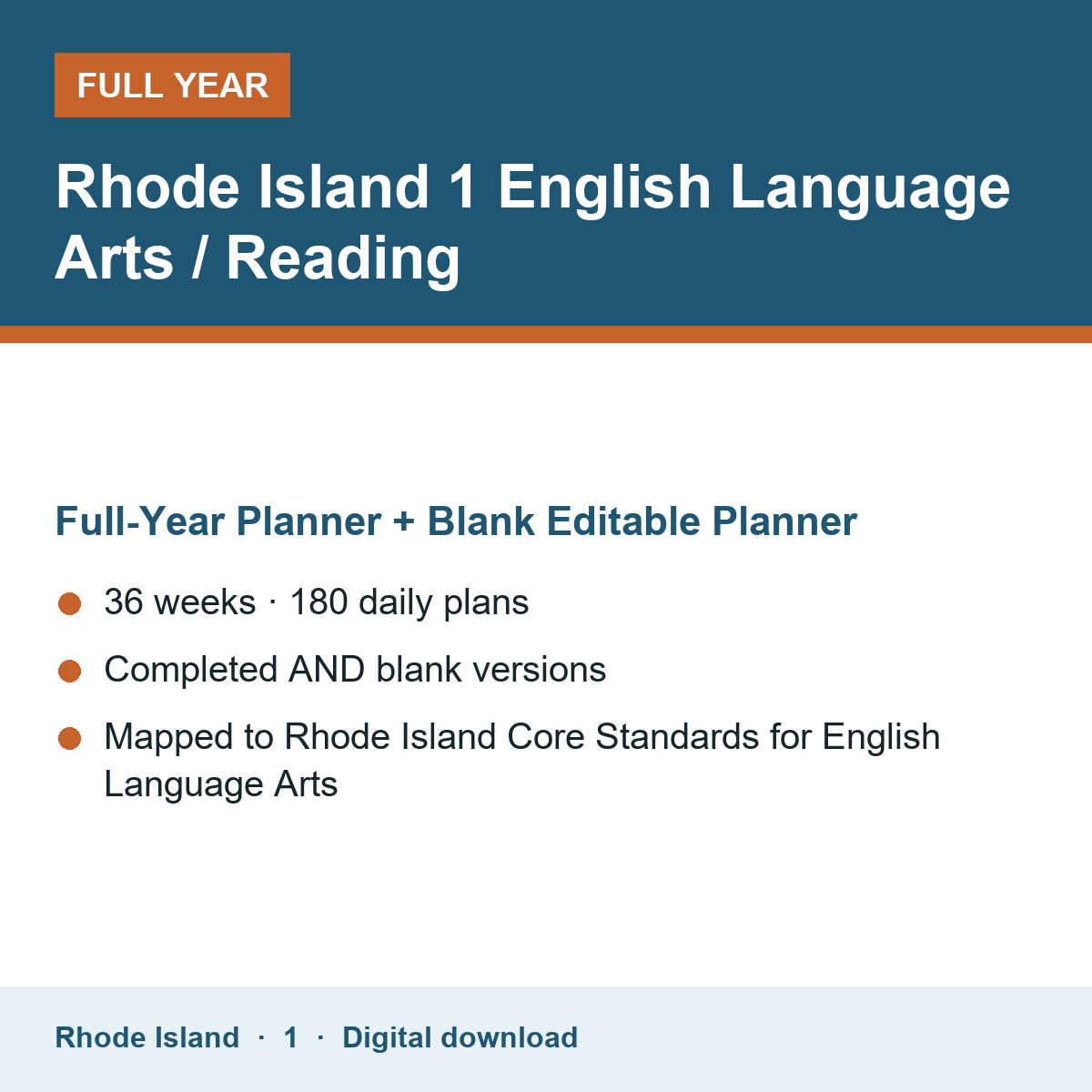 Cover of the Rhode Island Grade 1 English Language Arts / Reading full-year teacher planner