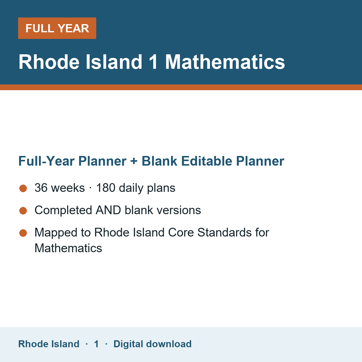 Cover of the Rhode Island Grade 1 Mathematics full-year teacher planner
