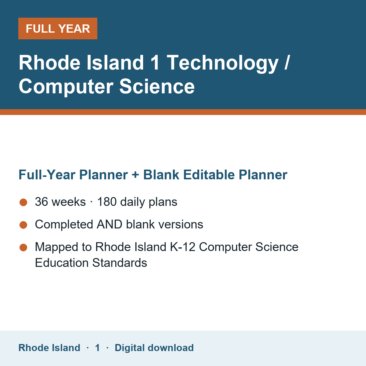 Cover of the Rhode Island Grade 1 Technology / Computer Science full-year teacher planner