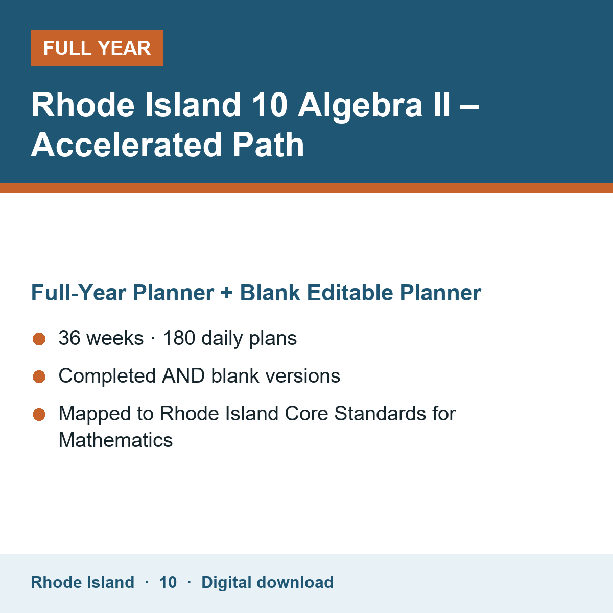Cover of the Rhode Island Grade 10 Algebra II – Accelerated Path full-year teacher planner