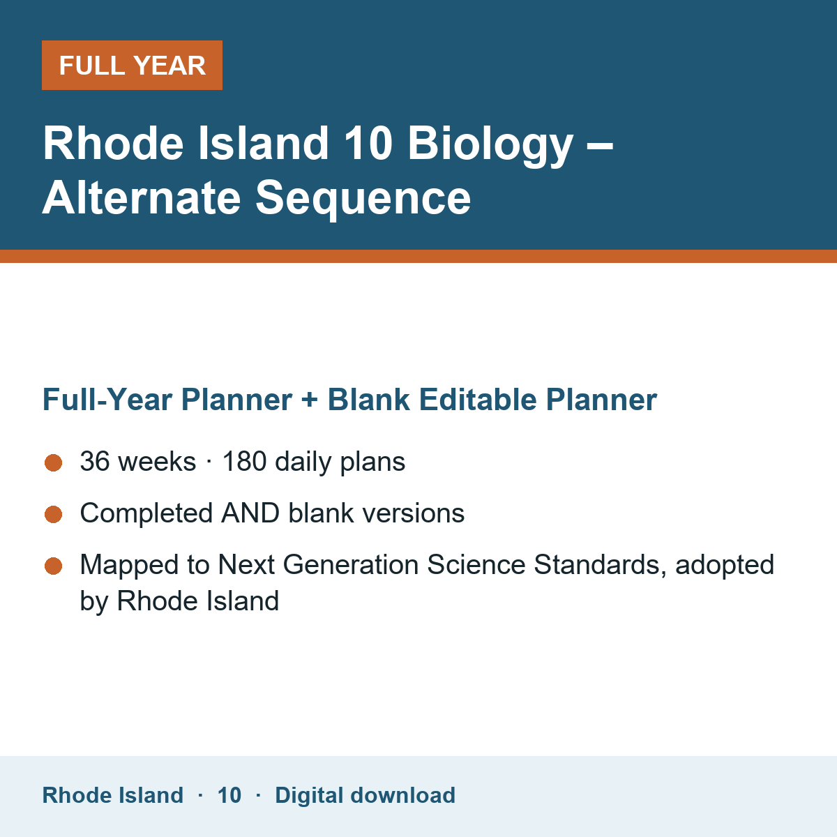Cover of the Rhode Island Grade 10 Biology – Alternate Sequence full-year teacher planner