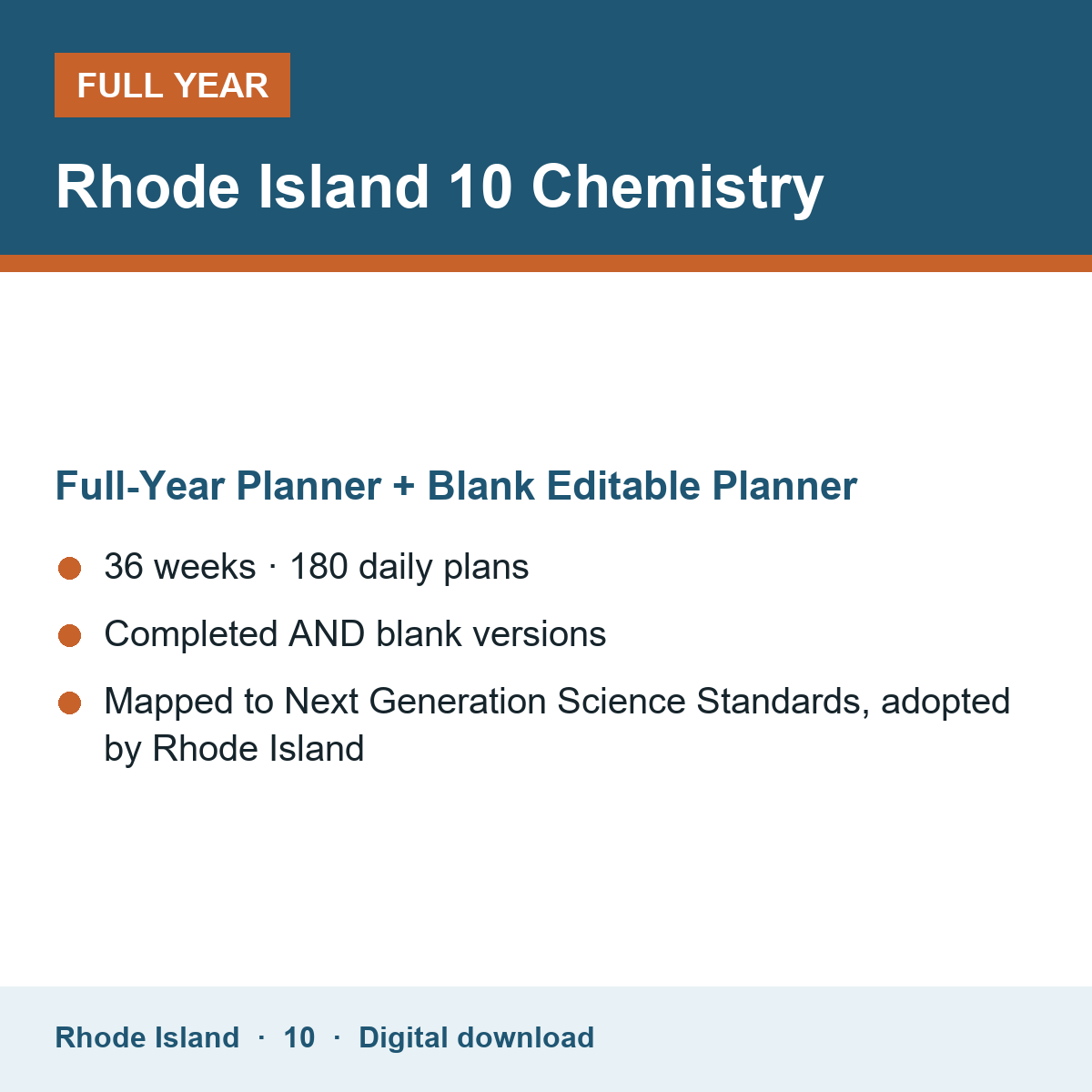 Cover of the Rhode Island Grade 10 Chemistry full-year teacher planner