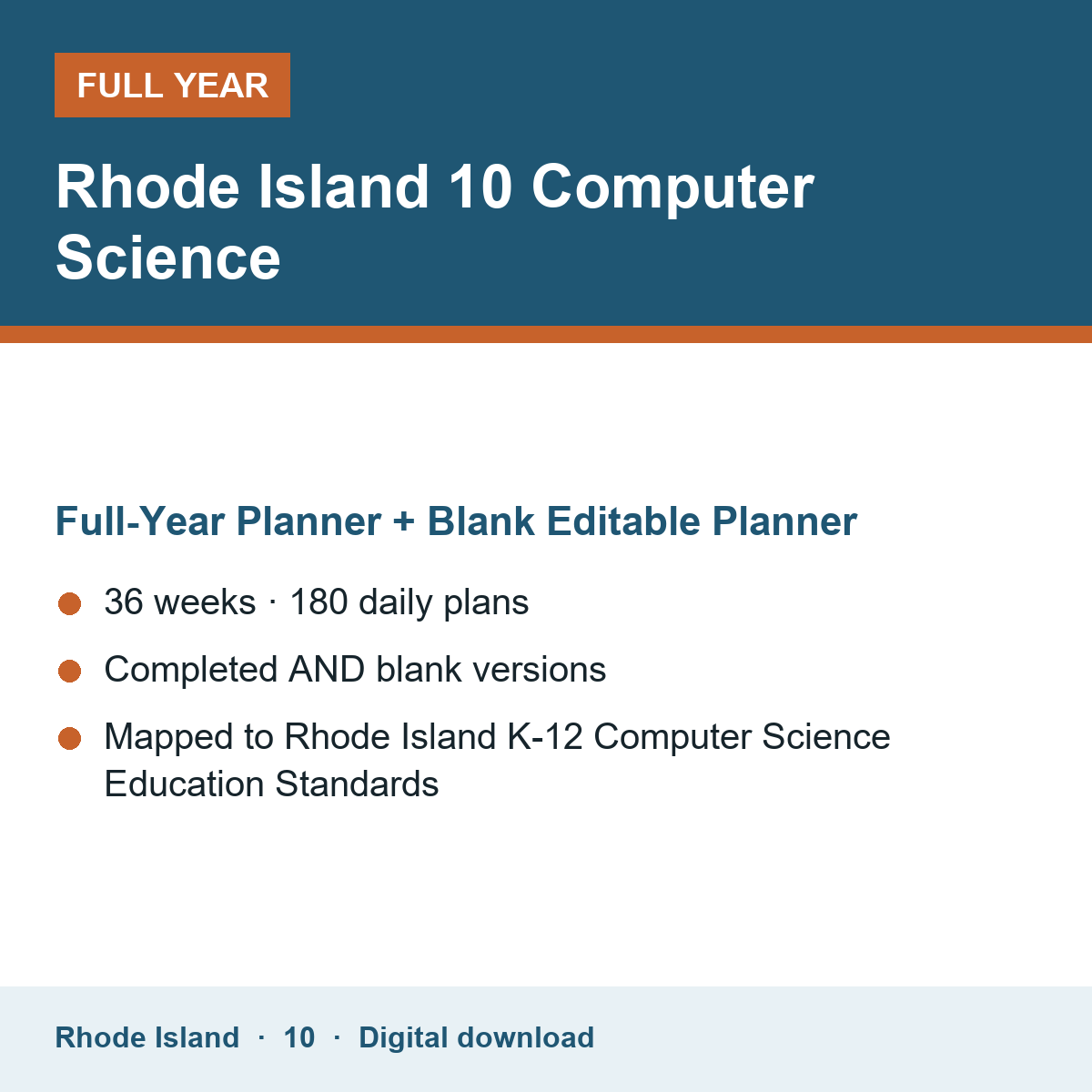 Cover of the Rhode Island Grade 10 Computer Science full-year teacher planner