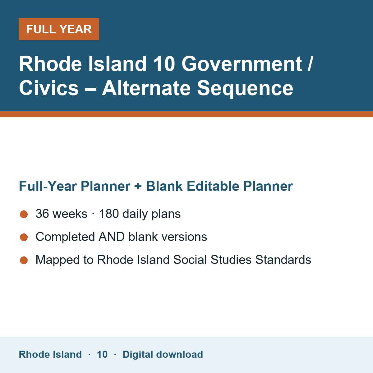 Cover of the Rhode Island Grade 10 Government / Civics – Alternate Sequence full-year teacher planner
