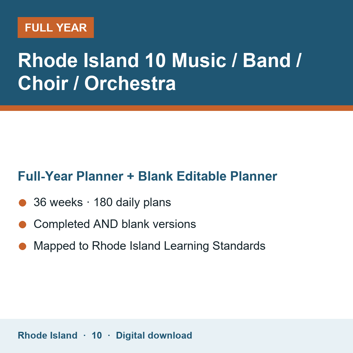 Cover of the Rhode Island Grade 10 Music / Band / Choir / Orchestra full-year teacher planner