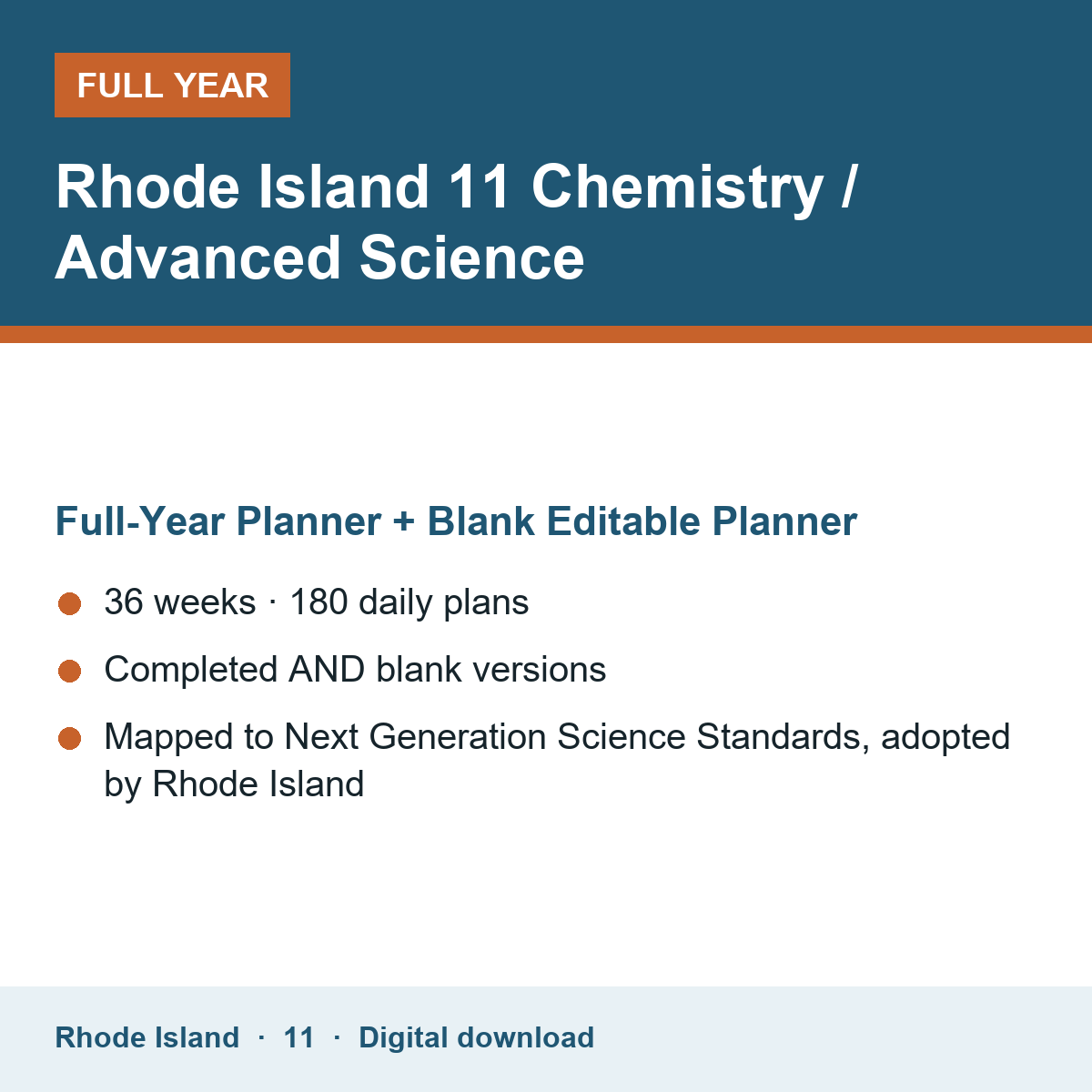 Cover of the Rhode Island Grade 11 Chemistry / Advanced Science full-year teacher planner