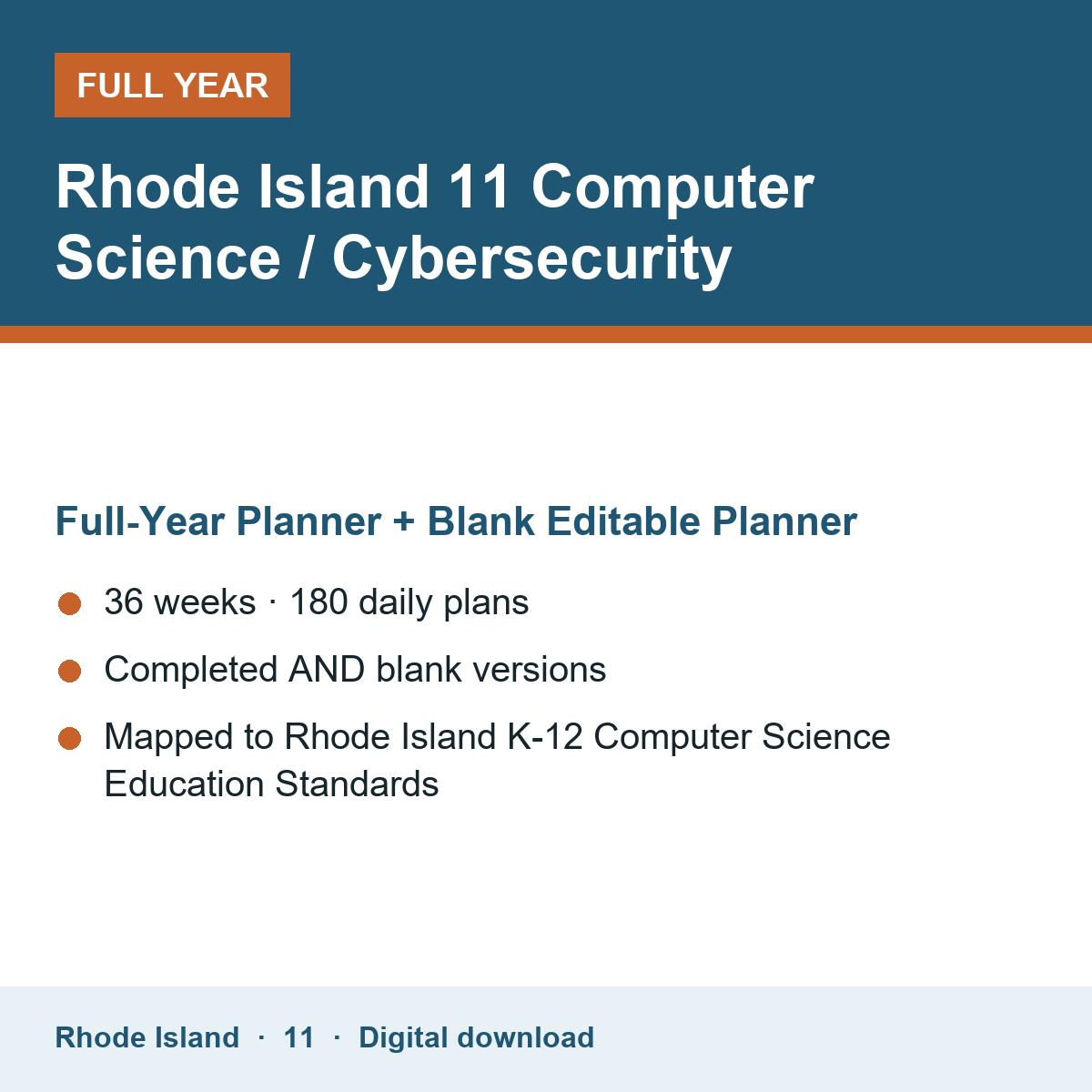 Cover of the Rhode Island Grade 11 Computer Science / Cybersecurity full-year teacher planner