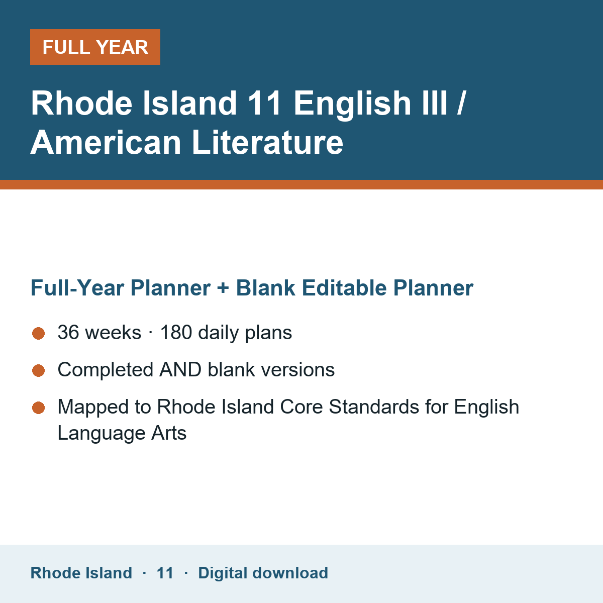 Cover of the Rhode Island Grade 11 English III / American Literature full-year teacher planner