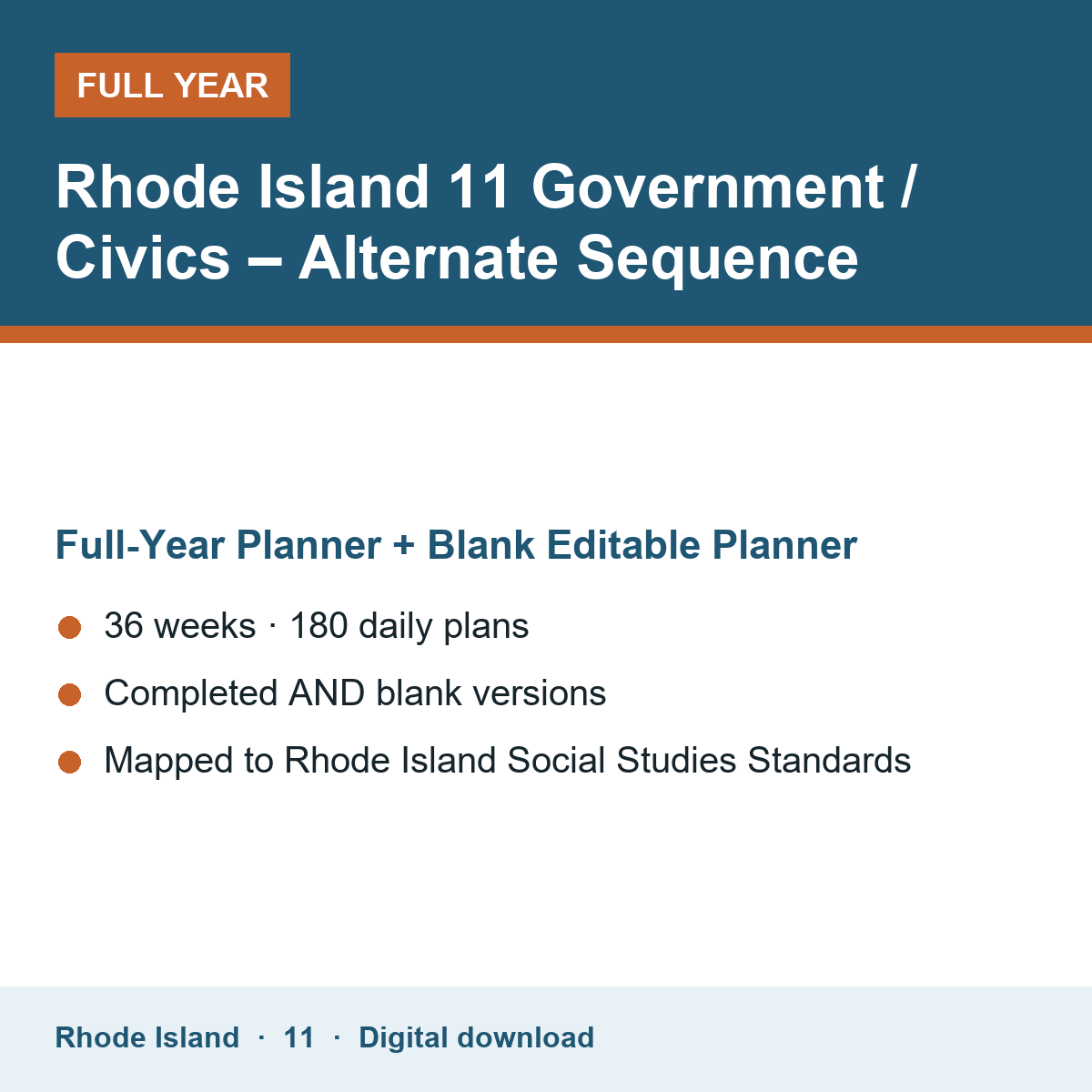 Cover of the Rhode Island Grade 11 Government / Civics – Alternate Sequence full-year teacher planner