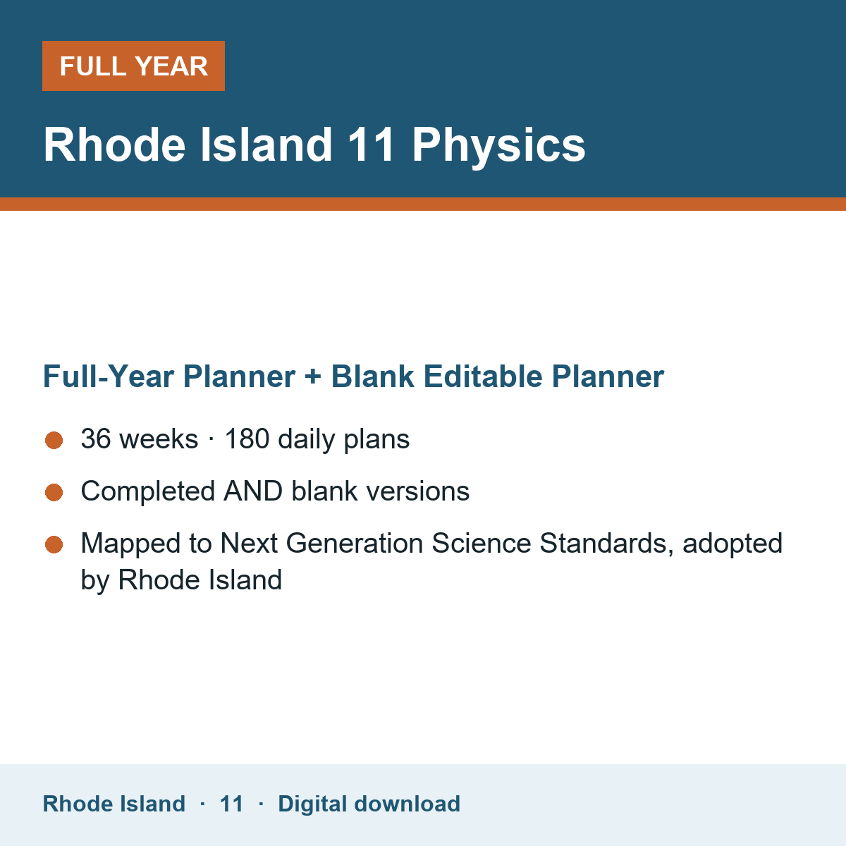 Cover of the Rhode Island Grade 11 Physics full-year teacher planner