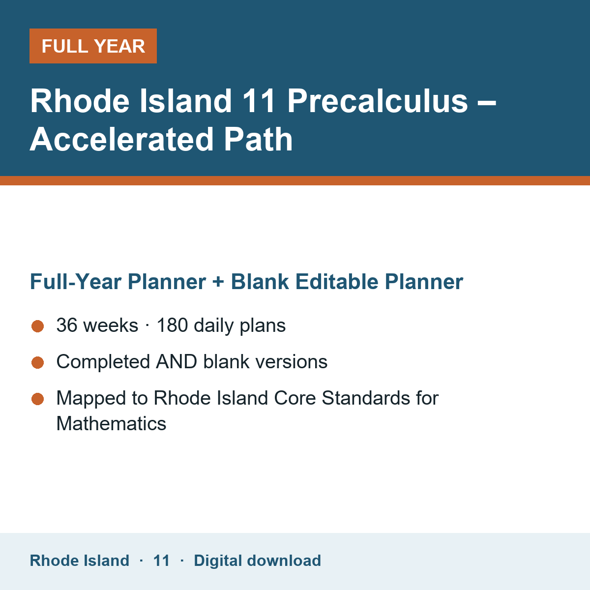 Cover of the Rhode Island Grade 11 Precalculus – Accelerated Path full-year teacher planner
