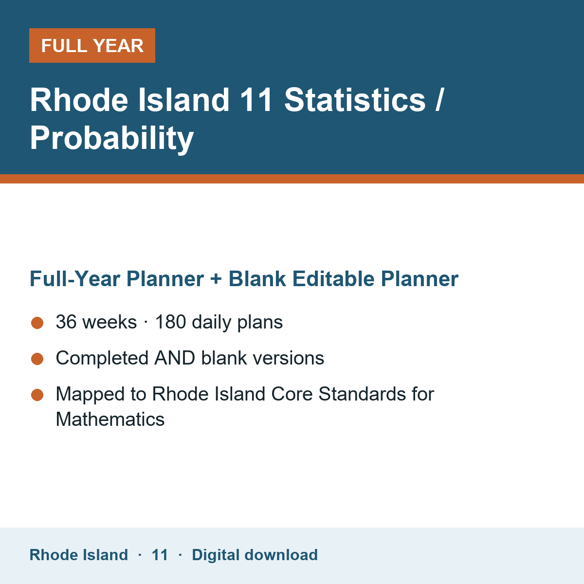 Cover of the Rhode Island Grade 11 Statistics / Probability full-year teacher planner
