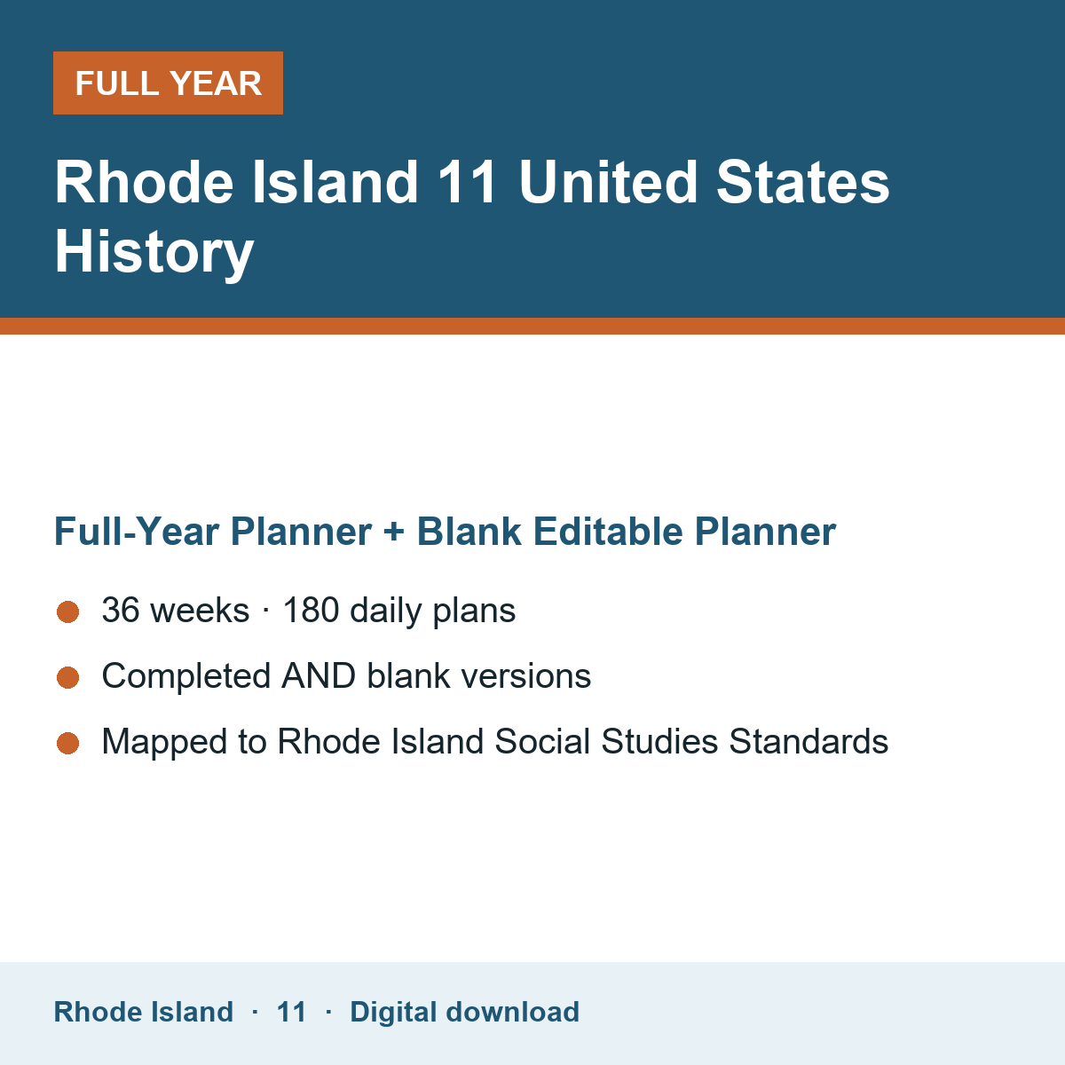 Cover of the Rhode Island Grade 11 United States History full-year teacher planner