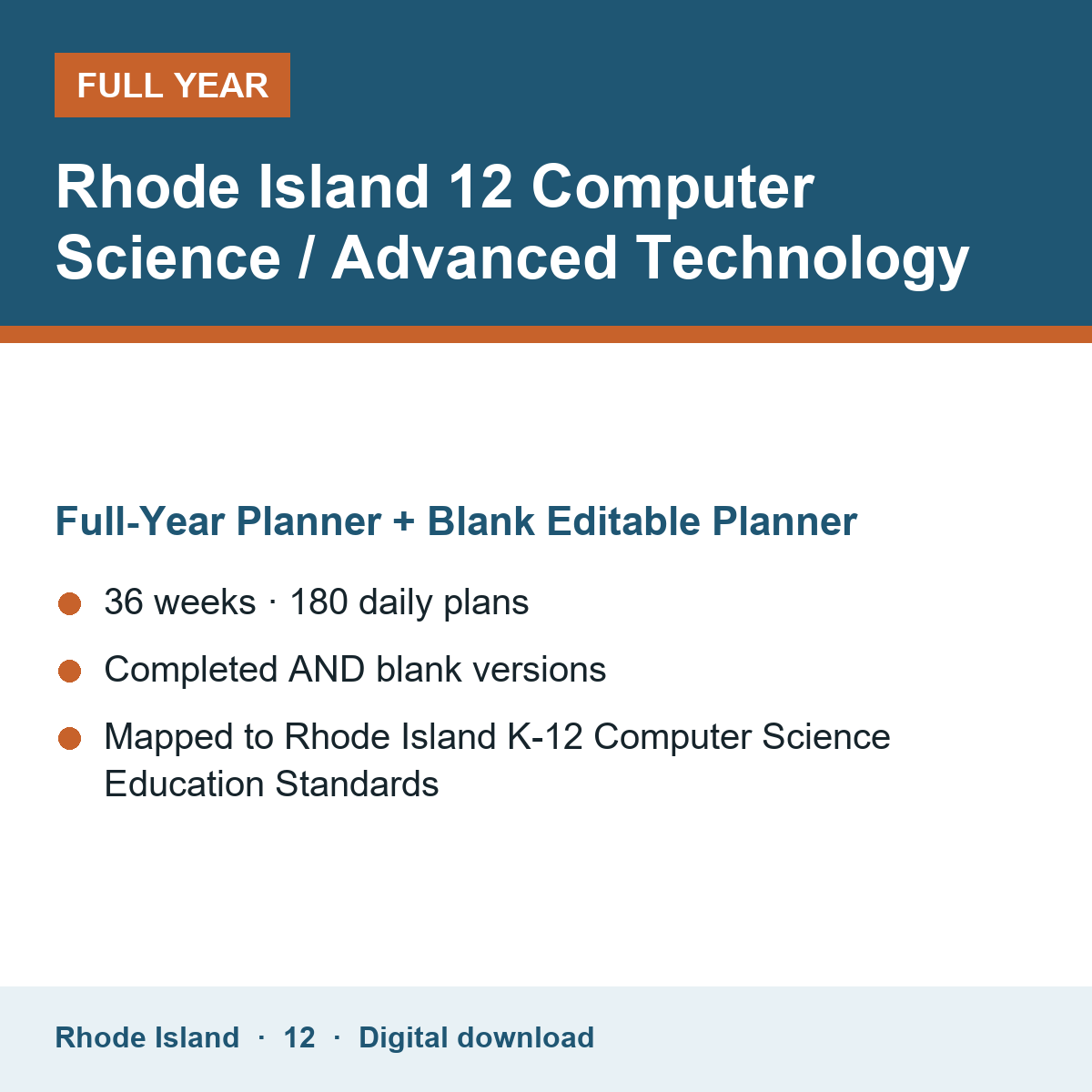 Cover of the Rhode Island Grade 12 Computer Science / Advanced Technology full-year teacher planner