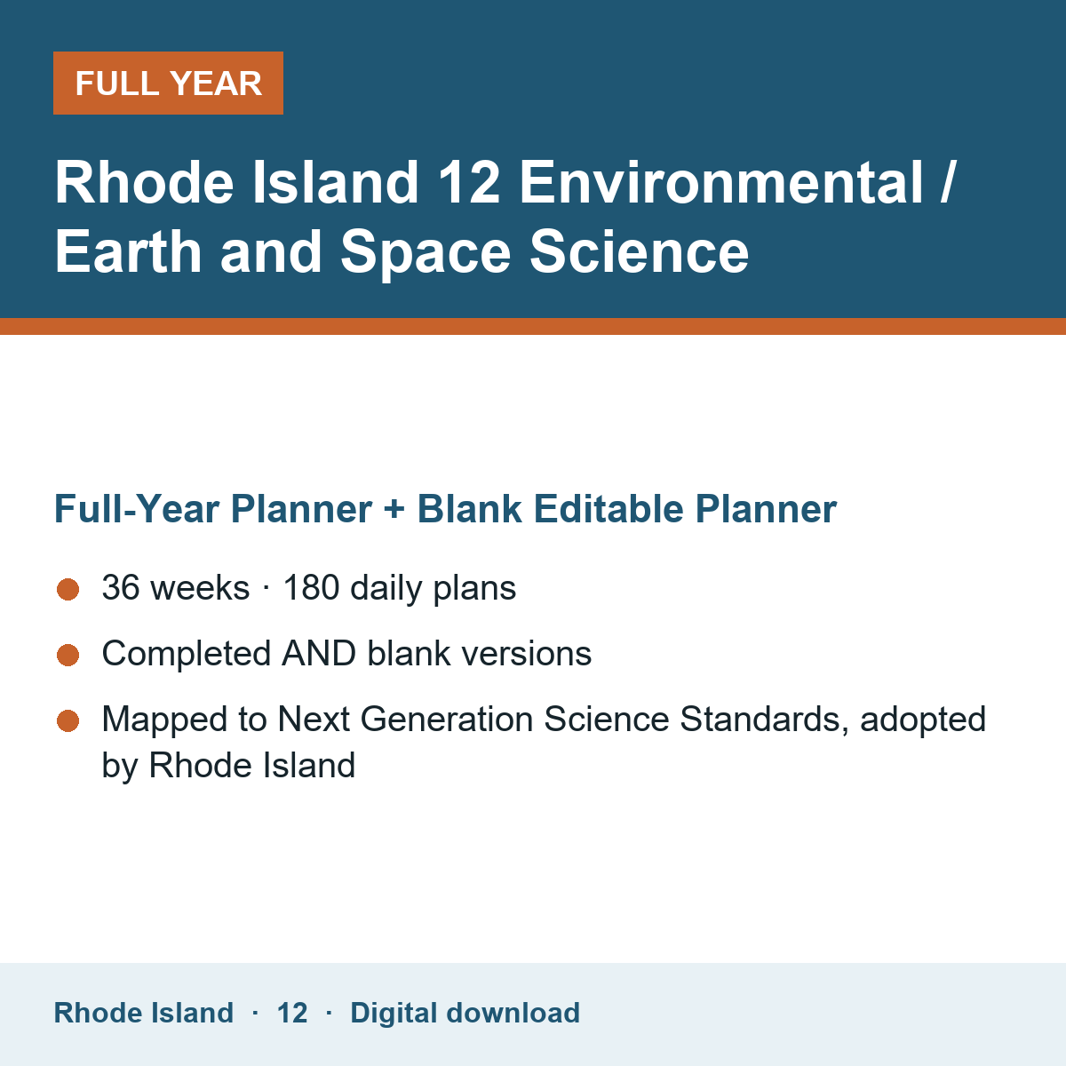 Cover of the Rhode Island Grade 12 Environmental / Earth and Space Science full-year teacher planner