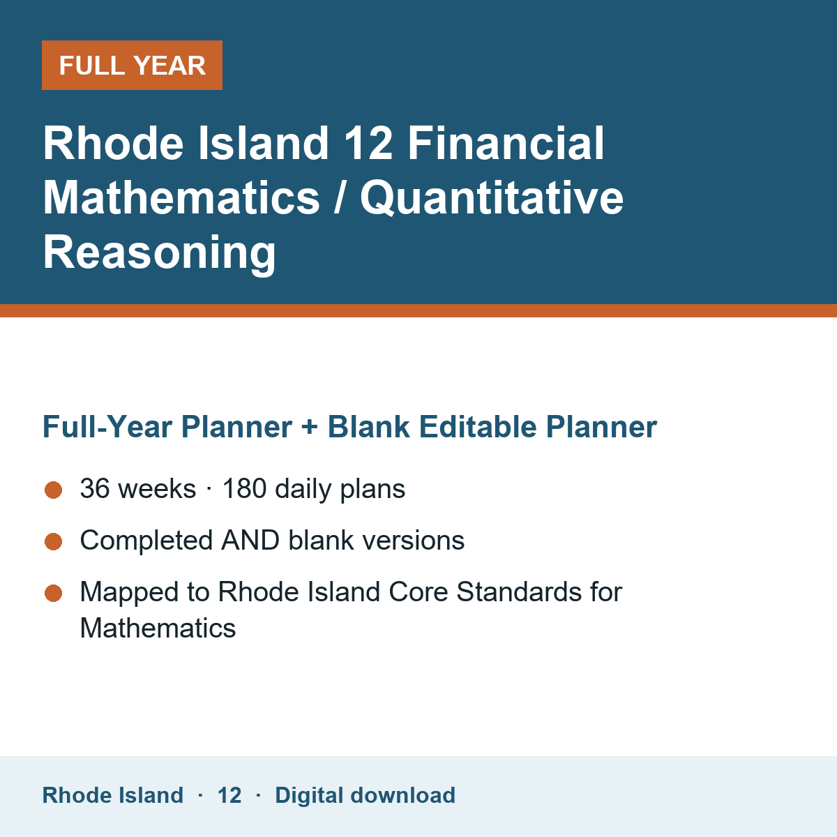 Cover of the Rhode Island Grade 12 Financial Mathematics / Quantitative Reasoning full-year teacher planner
