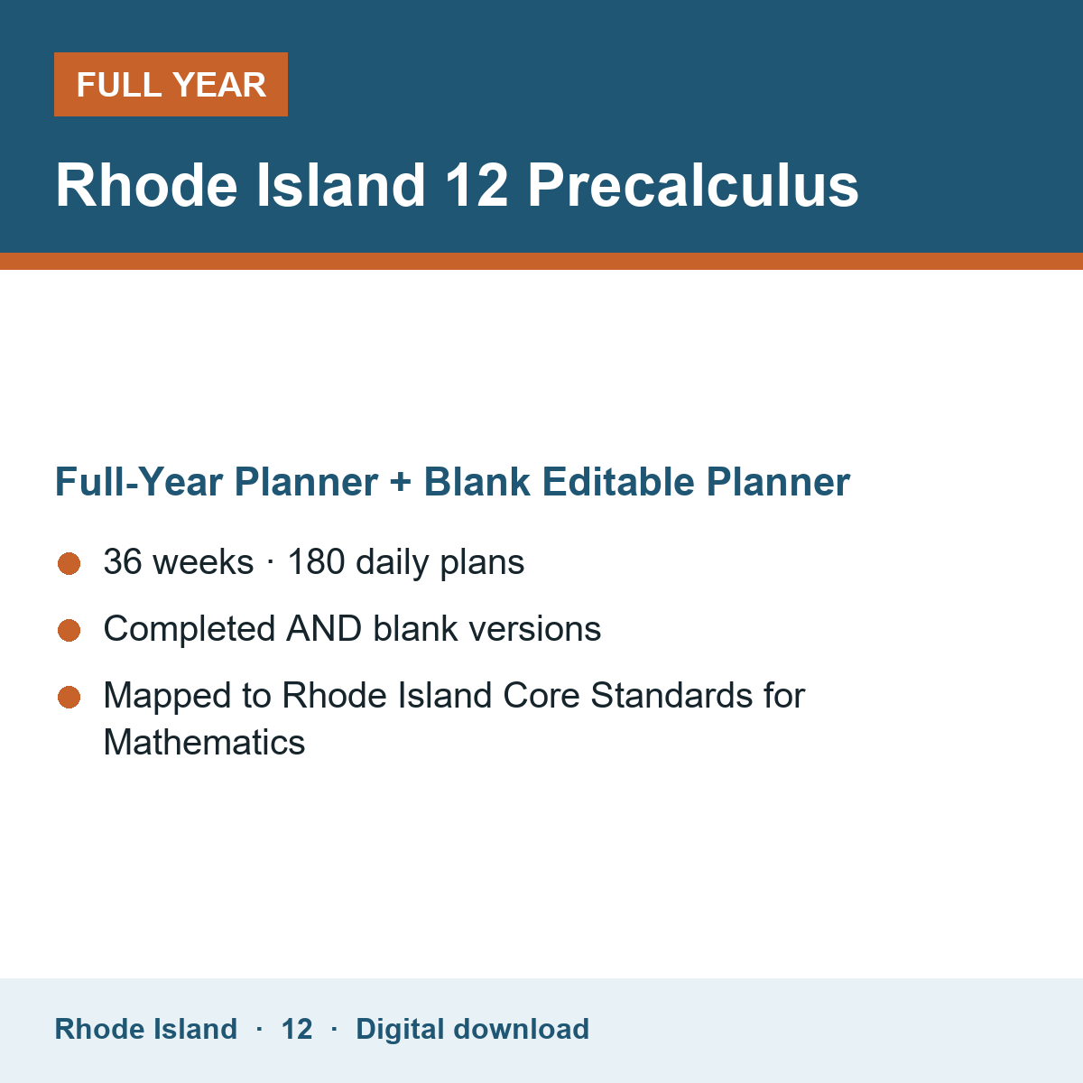 Cover of the Rhode Island Grade 12 Precalculus full-year teacher planner