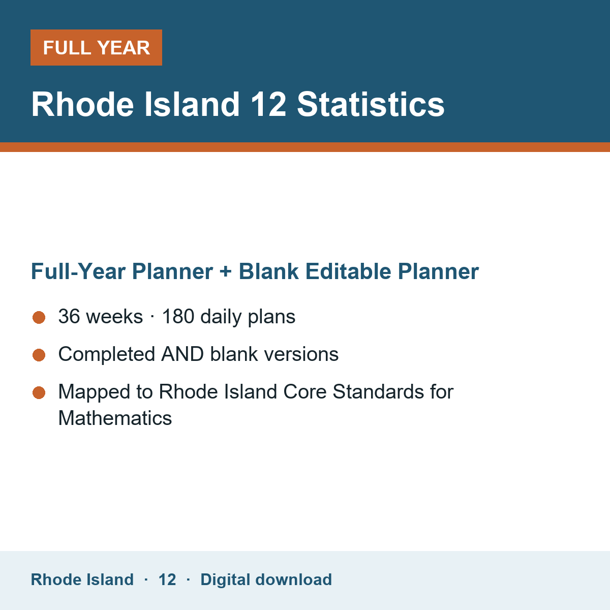 Cover of the Rhode Island Grade 12 Statistics full-year teacher planner
