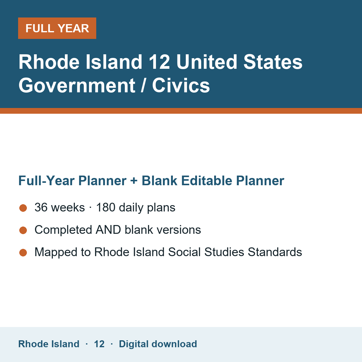 Cover of the Rhode Island Grade 12 United States Government / Civics full-year teacher planner