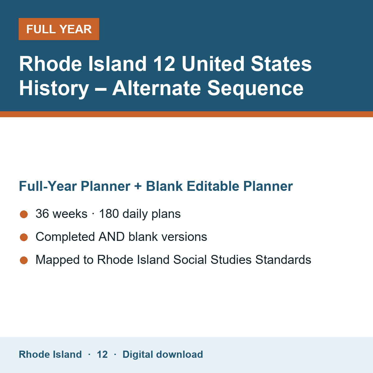 Cover of the Rhode Island Grade 12 United States History – Alternate Sequence full-year teacher planner
