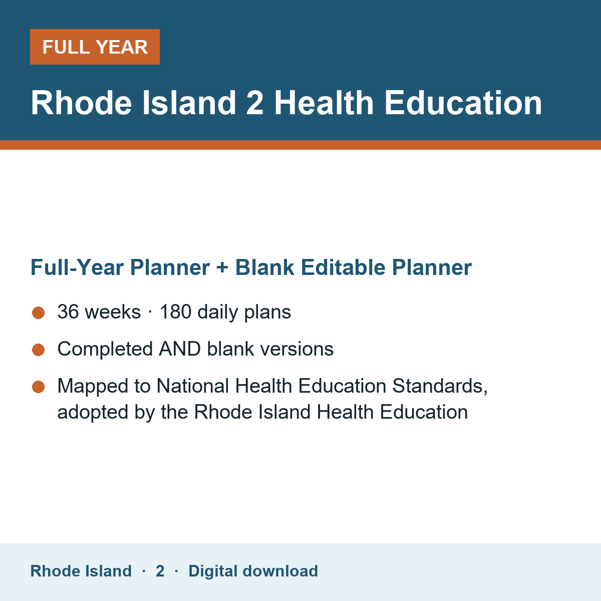 Cover of the Rhode Island Grade 2 Health Education full-year teacher planner