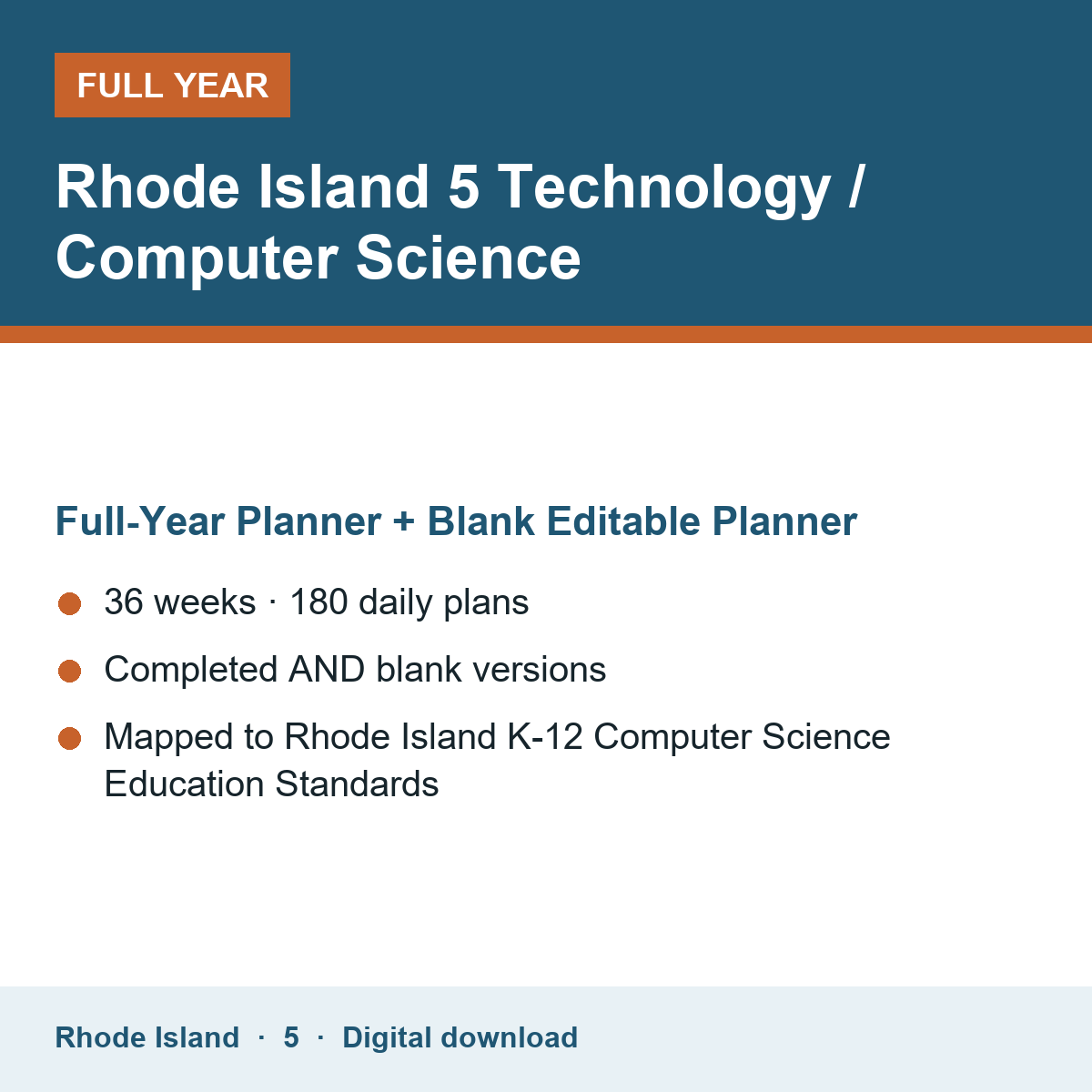 Cover of the Rhode Island Grade 5 Technology / Computer Science full-year teacher planner