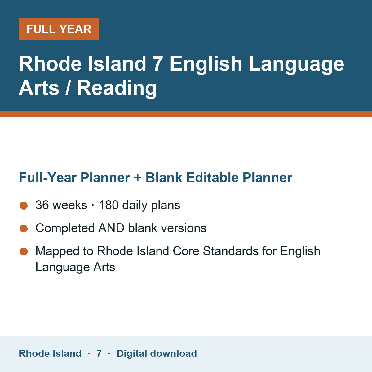 Cover of the Rhode Island Grade 7 English Language Arts / Reading full-year teacher planner
