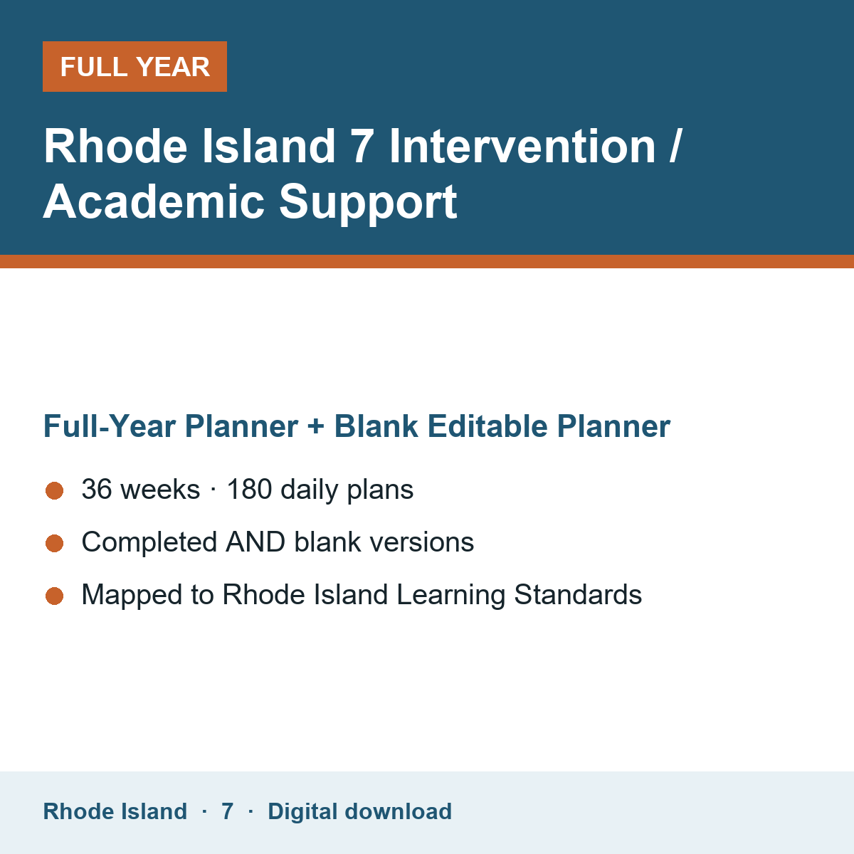 Cover of the Rhode Island Grade 7 Intervention / Academic Support full-year teacher planner