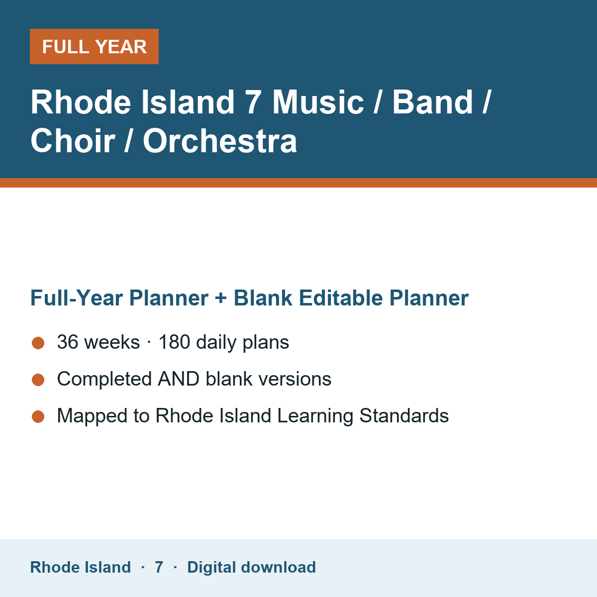 Cover of the Rhode Island Grade 7 Music / Band / Choir / Orchestra full-year teacher planner