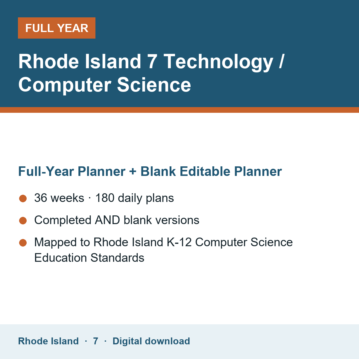 Cover of the Rhode Island Grade 7 Technology / Computer Science full-year teacher planner