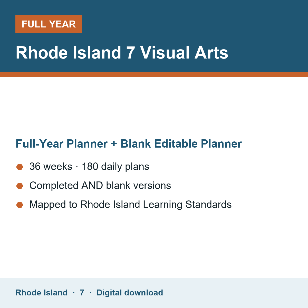 Cover of the Rhode Island Grade 7 Visual Arts full-year teacher planner