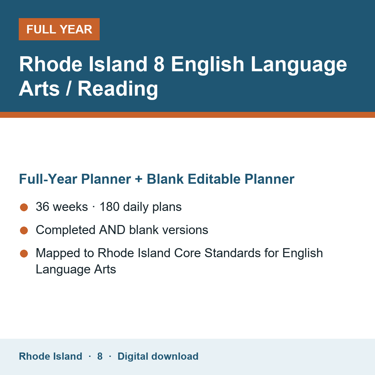 Cover of the Rhode Island Grade 8 English Language Arts / Reading full-year teacher planner
