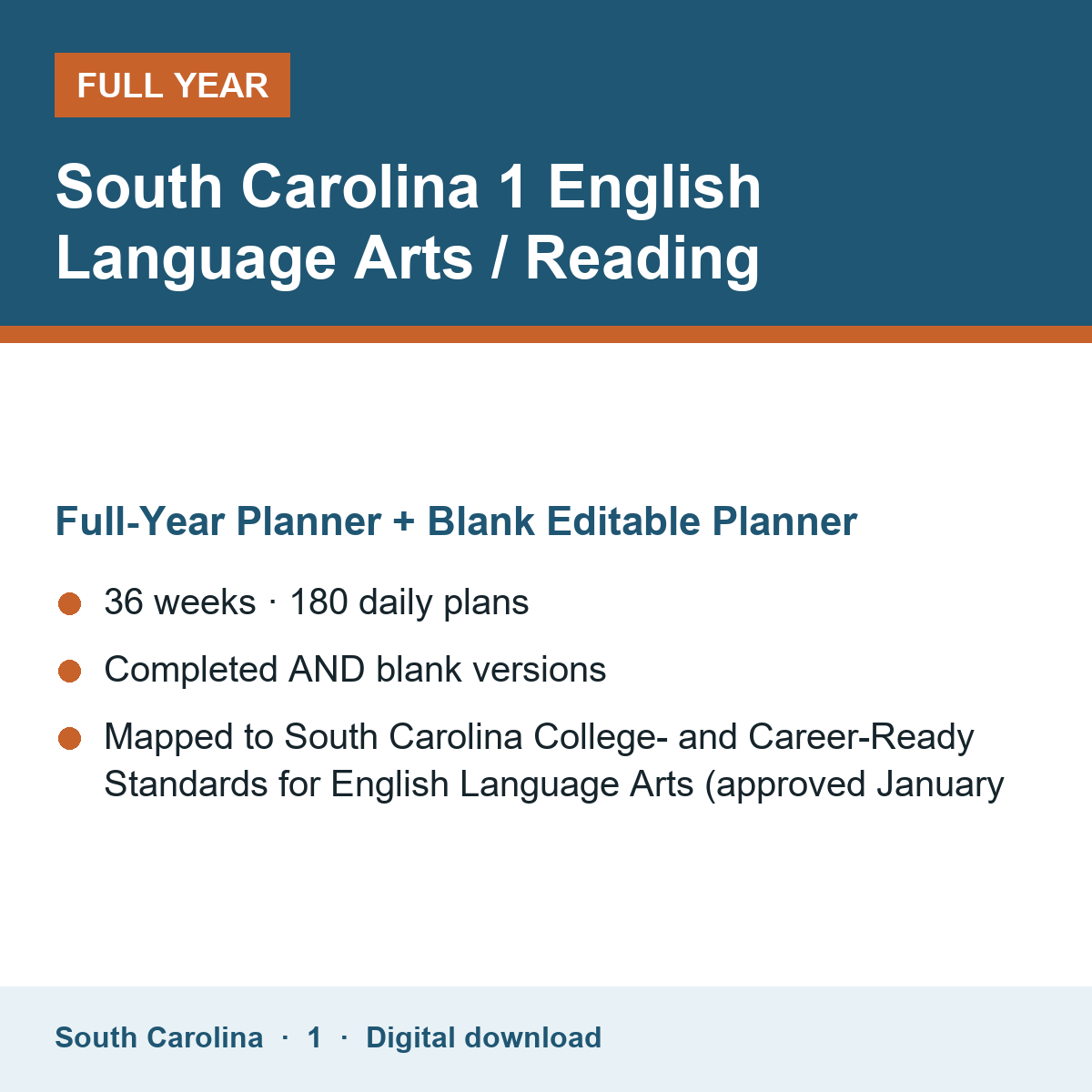 Cover of the South Carolina Grade 1 English Language Arts / Reading full-year teacher planner