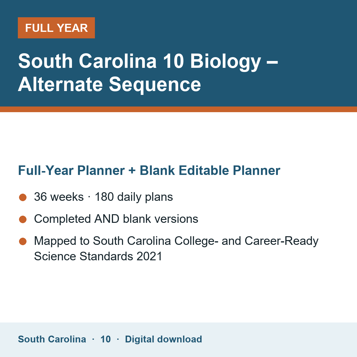 Cover of the South Carolina Grade 10 Biology – Alternate Sequence full-year teacher planner