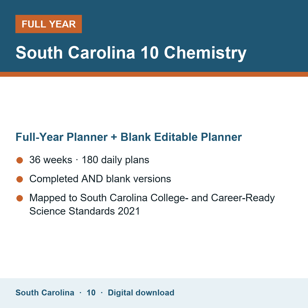Cover of the South Carolina Grade 10 Chemistry full-year teacher planner