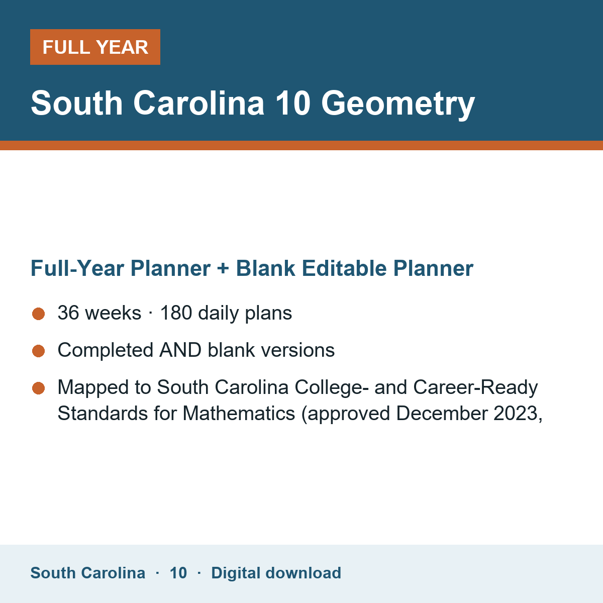 Cover of the South Carolina Grade 10 Geometry full-year teacher planner