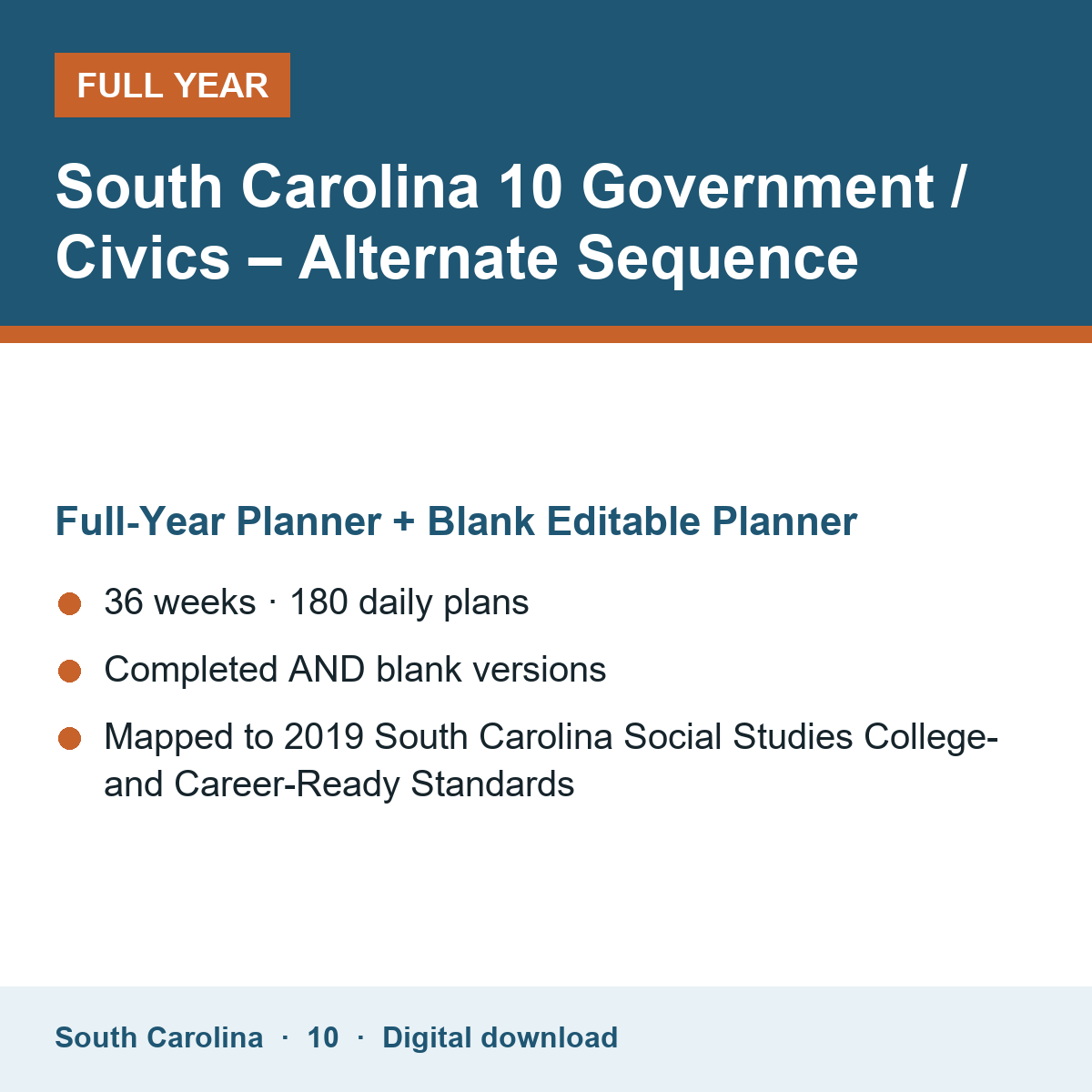 Cover of the South Carolina Grade 10 Government / Civics – Alternate Sequence full-year teacher planner