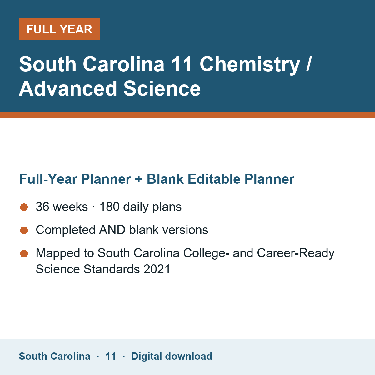 Cover of the South Carolina Grade 11 Chemistry / Advanced Science full-year teacher planner