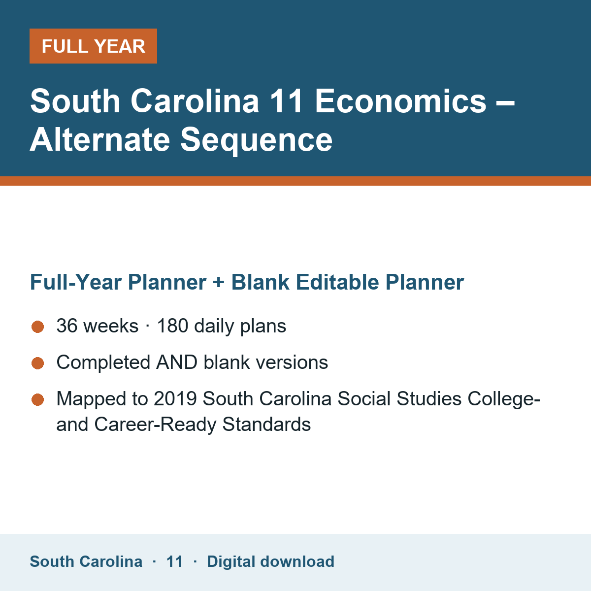 Cover of the South Carolina Grade 11 Economics – Alternate Sequence full-year teacher planner