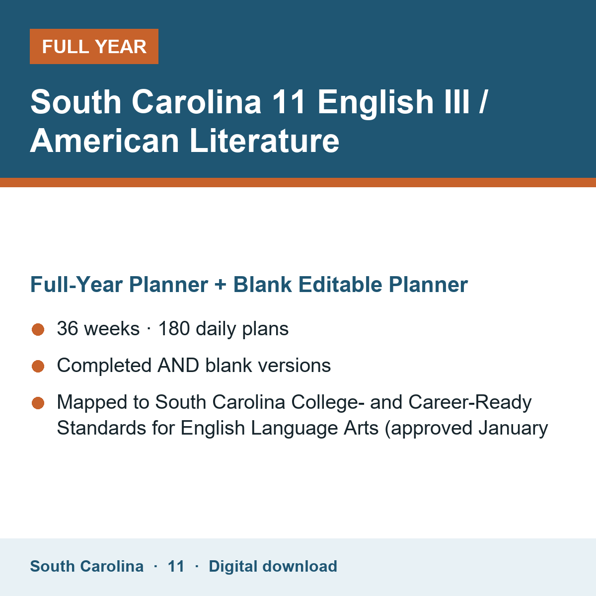 Cover of the South Carolina Grade 11 English III / American Literature full-year teacher planner