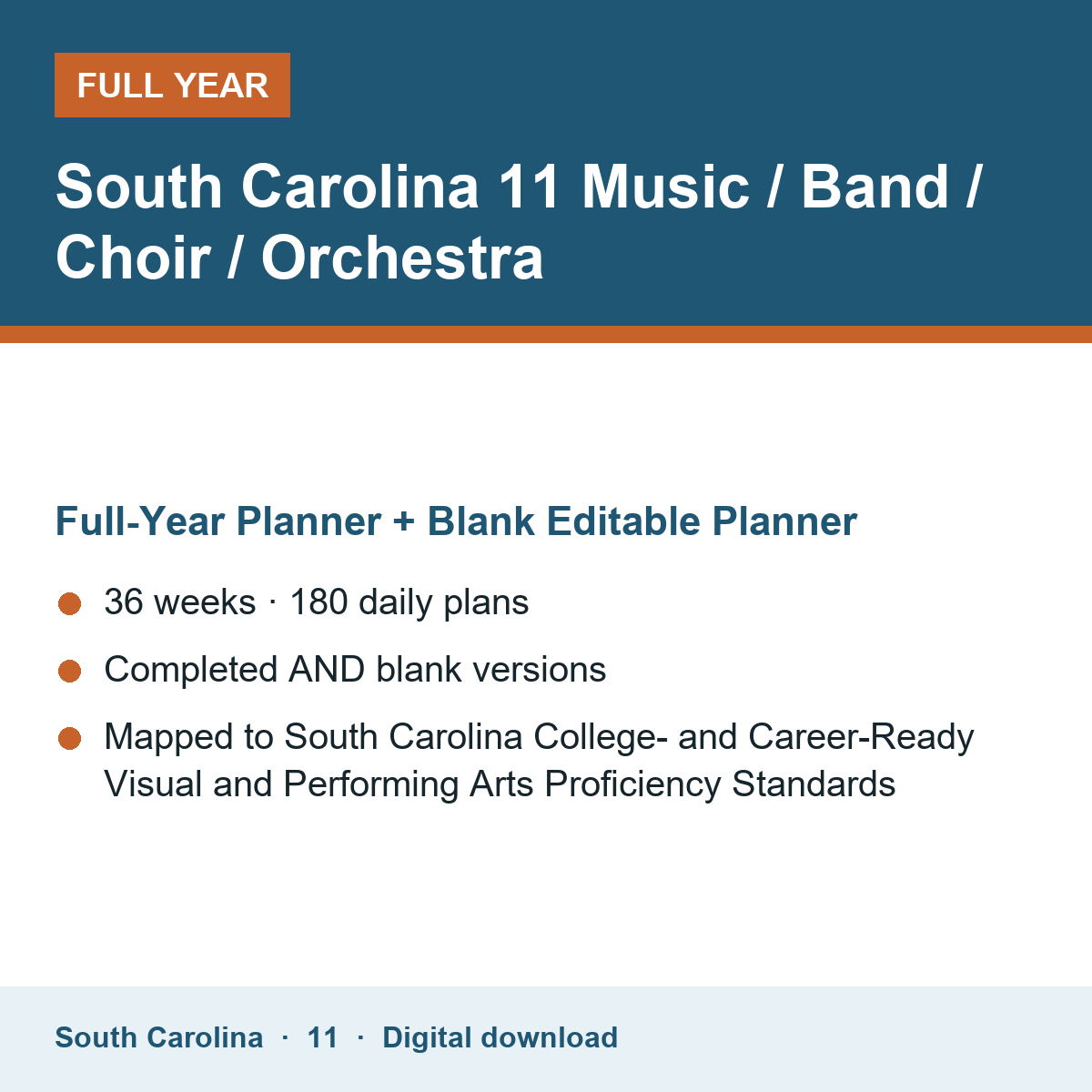 Cover of the South Carolina Grade 11 Music / Band / Choir / Orchestra full-year teacher planner