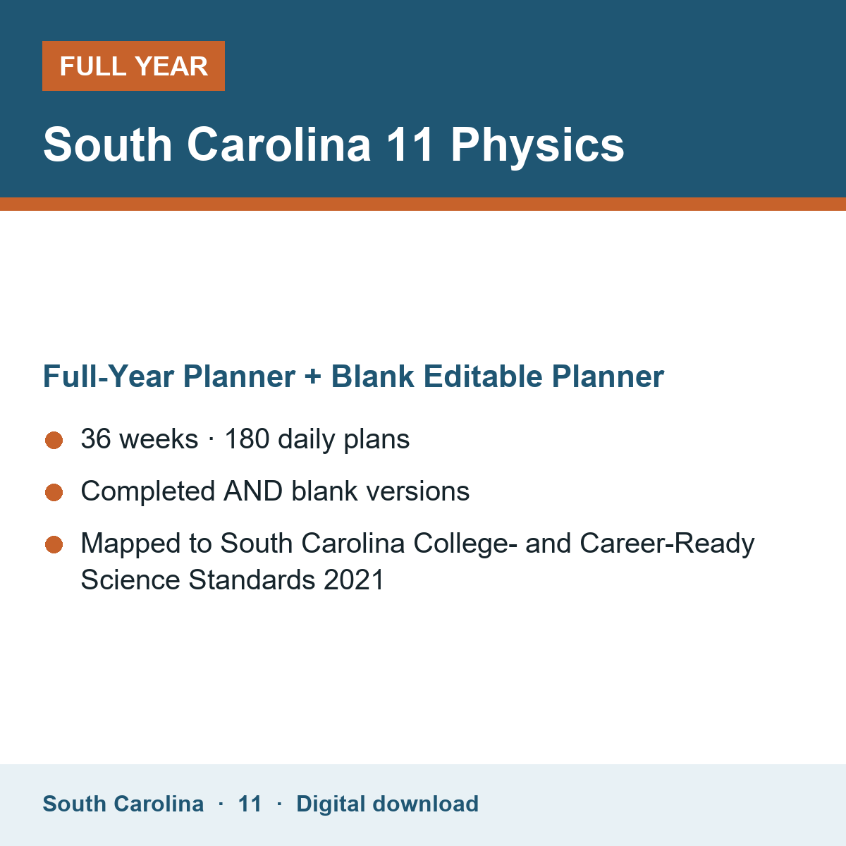 Cover of the South Carolina Grade 11 Physics full-year teacher planner