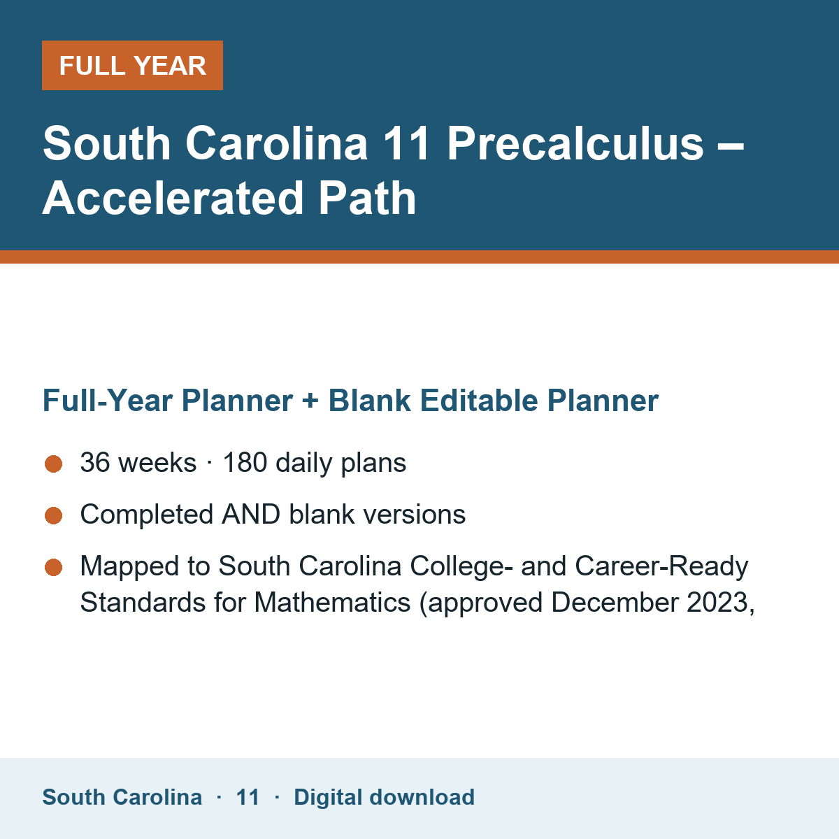 Cover of the South Carolina Grade 11 Precalculus – Accelerated Path full-year teacher planner