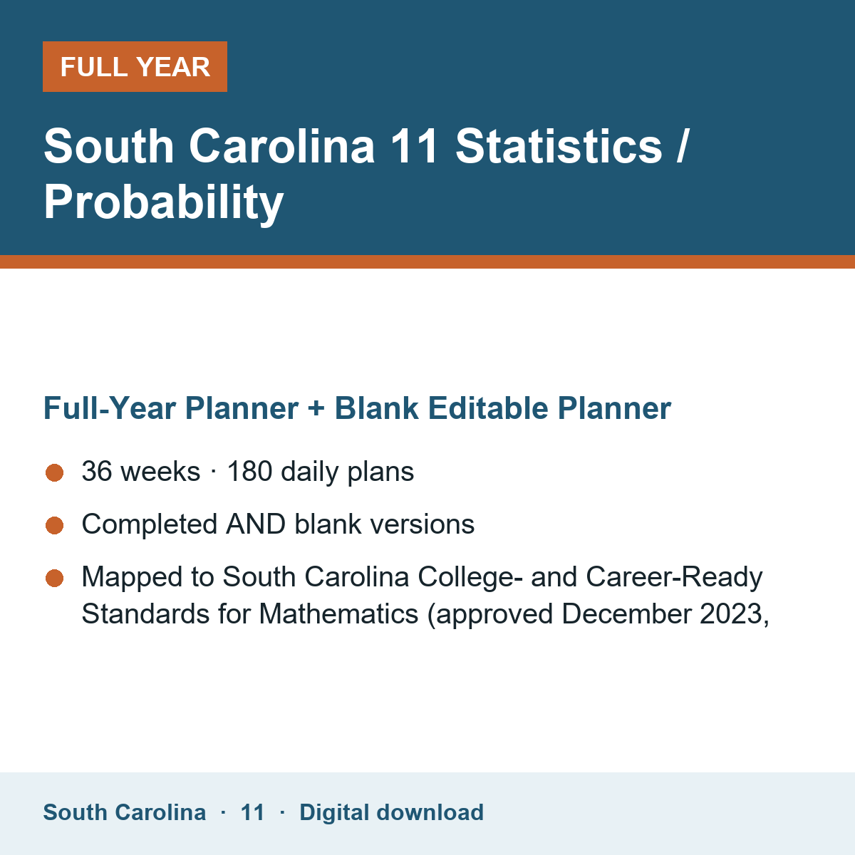 Cover of the South Carolina Grade 11 Statistics / Probability full-year teacher planner