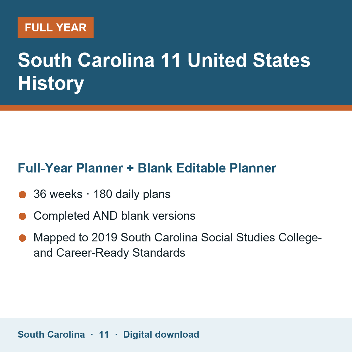 Cover of the South Carolina Grade 11 United States History full-year teacher planner