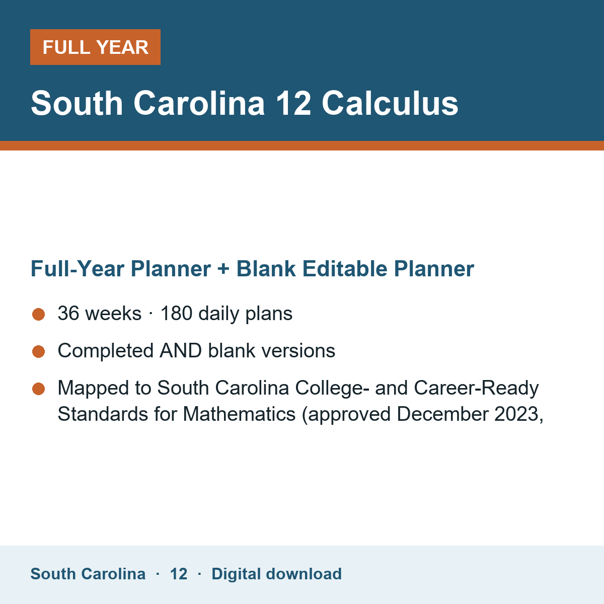 Cover of the South Carolina Grade 12 Calculus full-year teacher planner