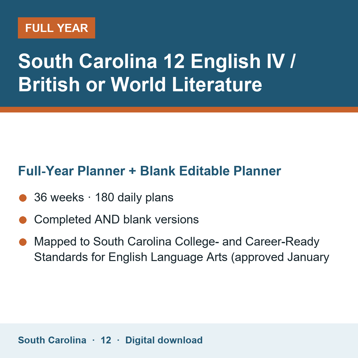 Cover of the South Carolina Grade 12 English IV / British or World Literature full-year teacher planner