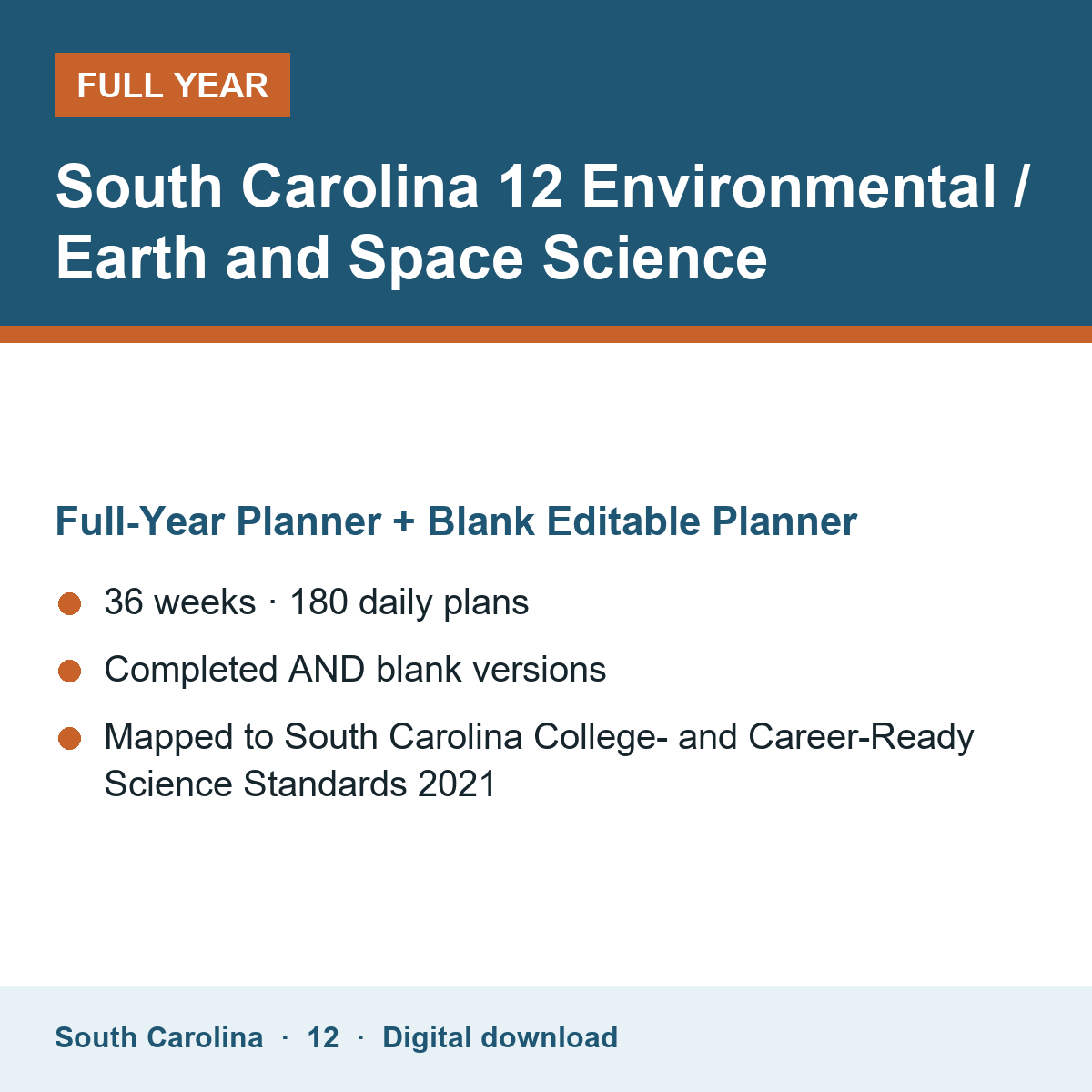 Cover of the South Carolina Grade 12 Environmental / Earth and Space Science full-year teacher planner