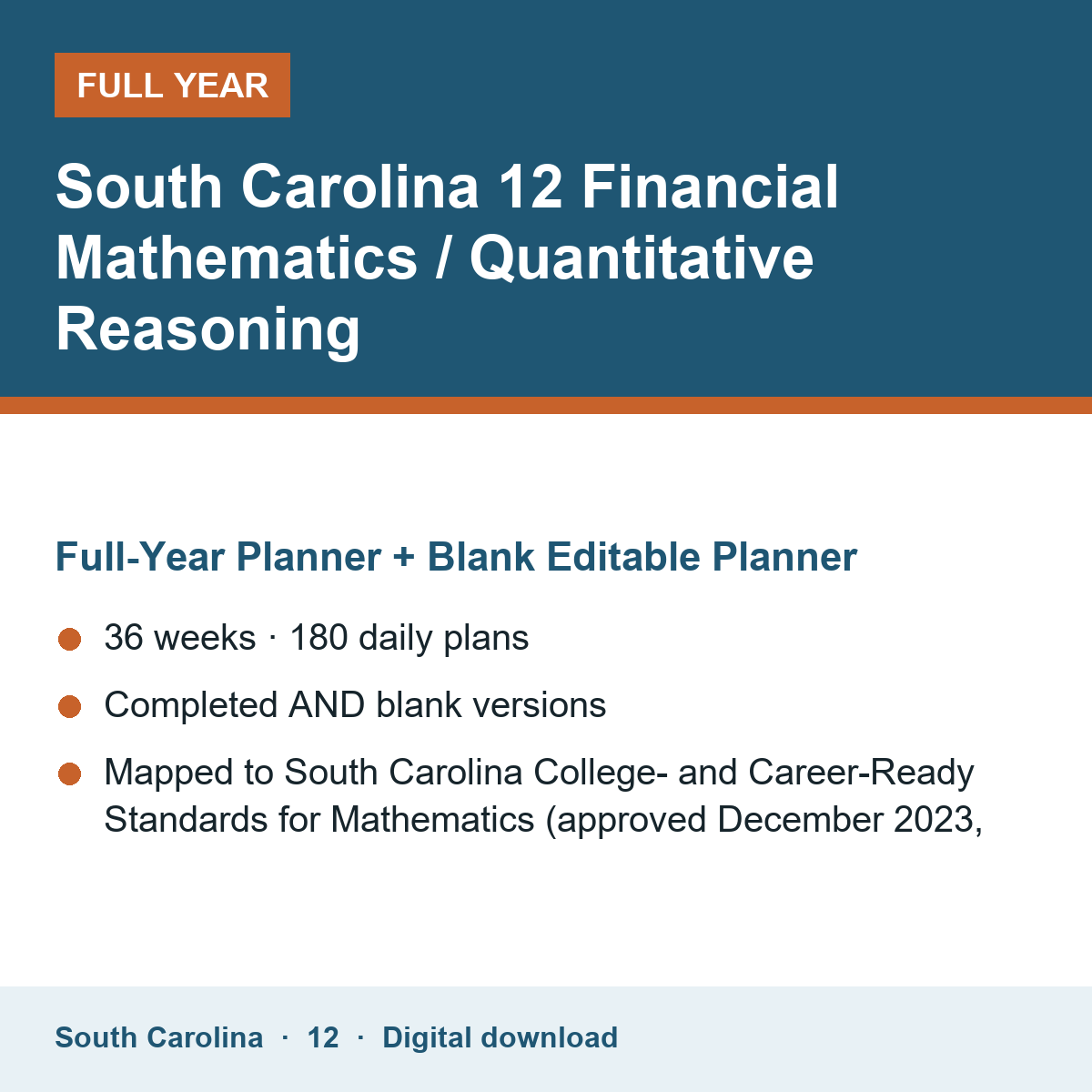 Cover of the South Carolina Grade 12 Financial Mathematics / Quantitative Reasoning full-year teacher planner