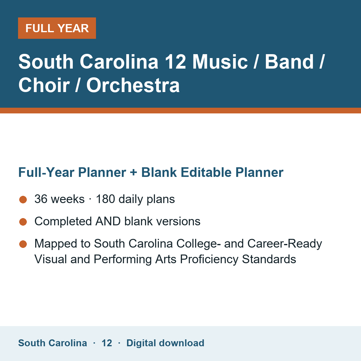 Cover of the South Carolina Grade 12 Music / Band / Choir / Orchestra full-year teacher planner